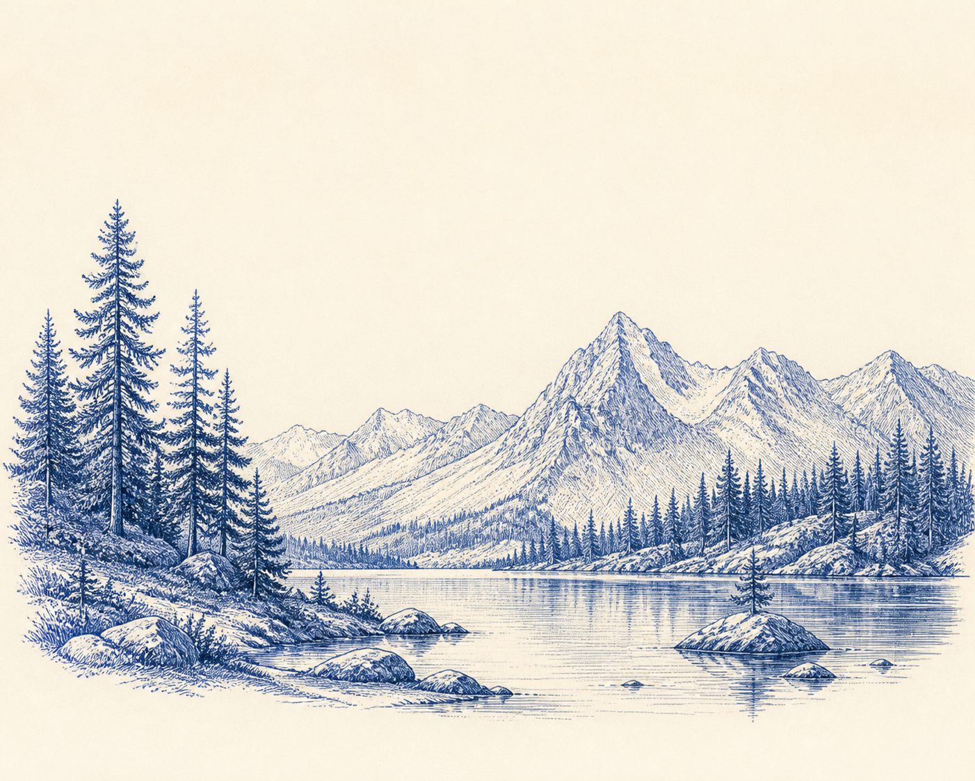 Blue ink illustration of a mountain lake and pine trees